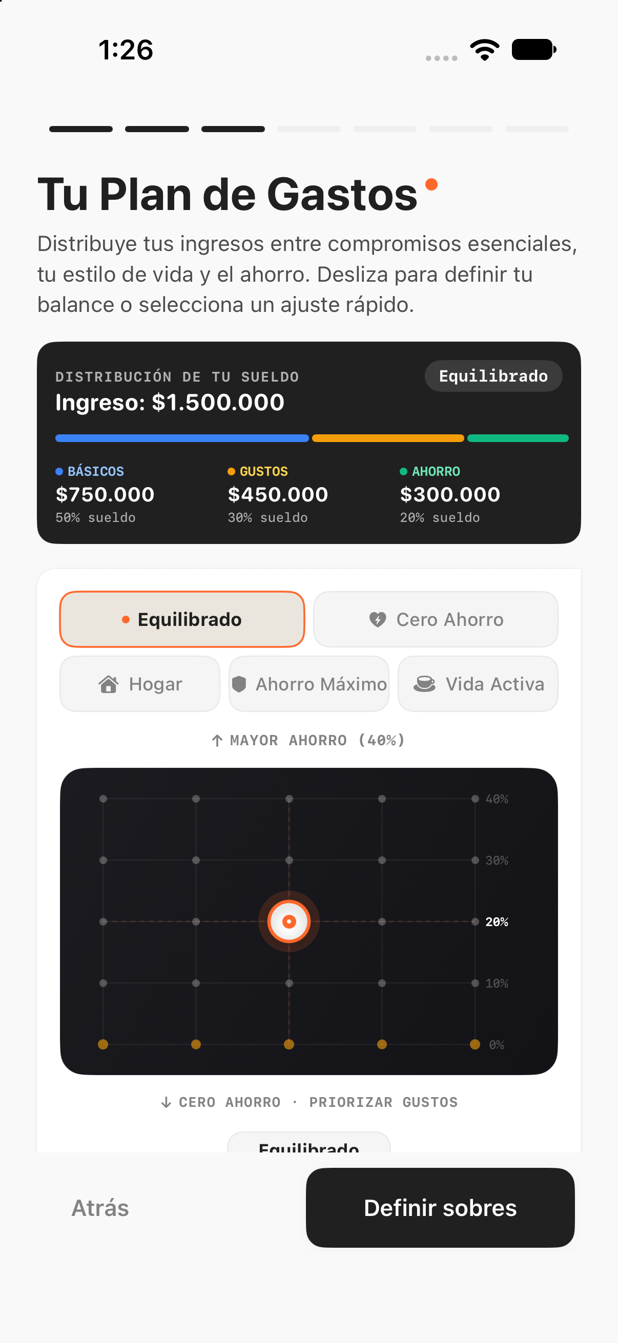 Paso del plan de gastos con la distribución 50/30/20 y la matriz de ajuste